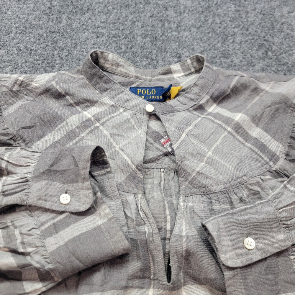 Polo Ralph Lauren Gray Plaid Band Collar Keyhole Blouse S 211841915001